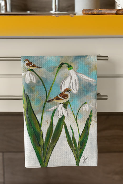 Sparrow on a Snowdrop Tea Towel